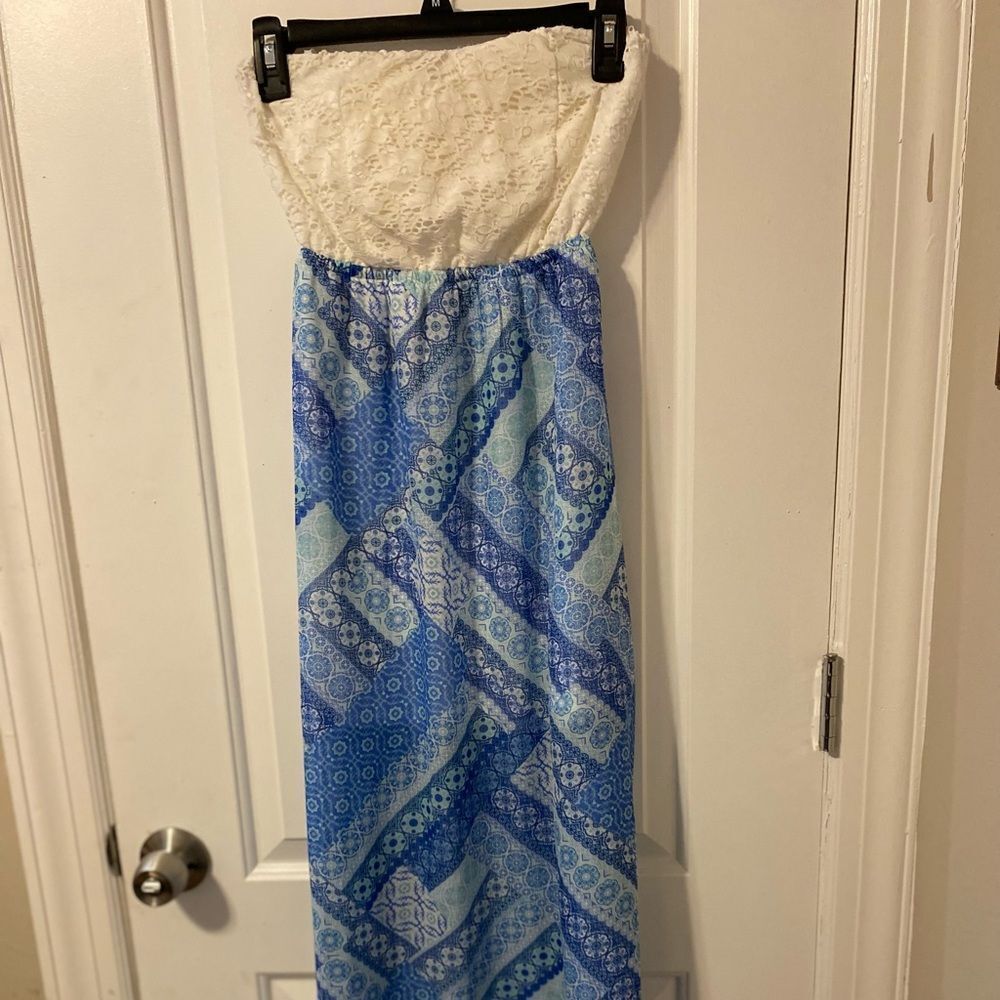 Iris Los Angeles Strapless Maxi Dress Womens Small Blue White Mosaic Lace Cutout